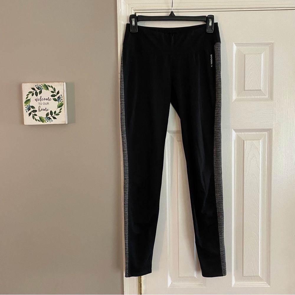 Reebok Athletic Leggings Racer Stripe Leg Black White Gray Small Workout